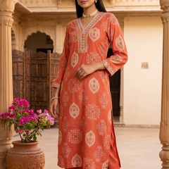 Orange Printed Roman Silk Kurta with Trousers