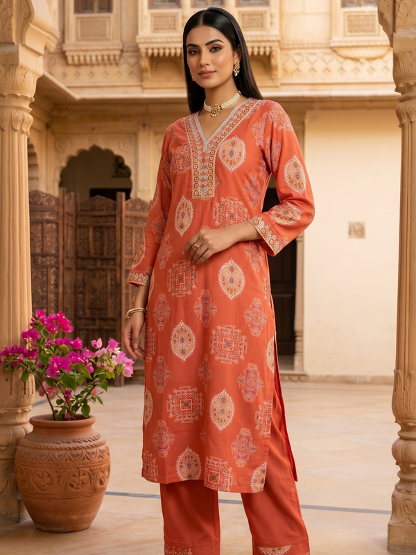 Orange Printed Roman Silk Kurta with Trousers