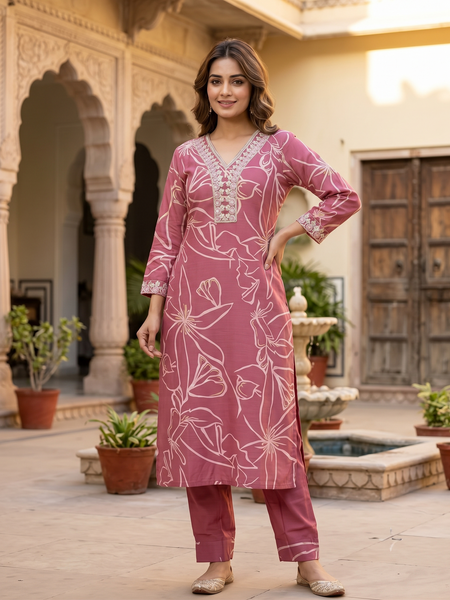 Dark Onion Printed Roman Silk Kurta with Trousers