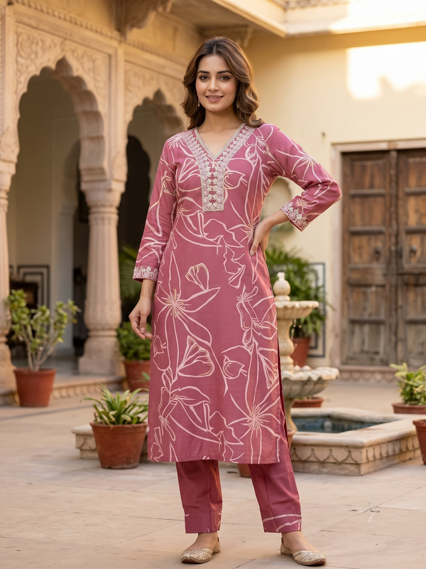 Dark Onion Printed Roman Silk Kurta with Trousers