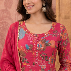 Women Floral Printed Anarkali Kurta Pant Set With Dupatta