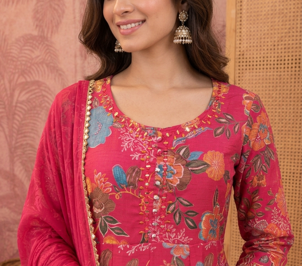 Women Floral Printed Anarkali Kurta Pant Set With Dupatta