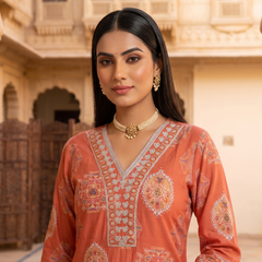Orange Printed Roman Silk Kurta with Trousers