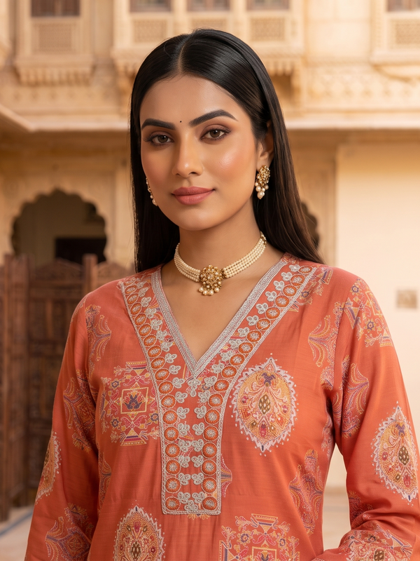 Orange Printed Roman Silk Kurta with Trousers