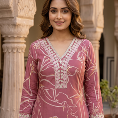 Dark Onion Printed Roman Silk Kurta with Trousers
