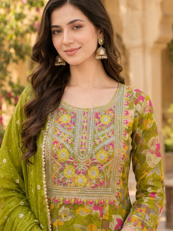 Women Floral Printed & Yoke Embroidered Anarkali Kurta Pant Set With Dupatta
