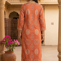 Orange Printed Roman Silk Kurta with Trousers