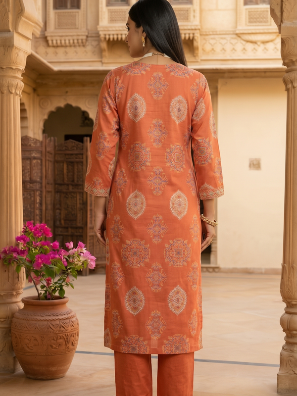 Orange Printed Roman Silk Kurta with Trousers