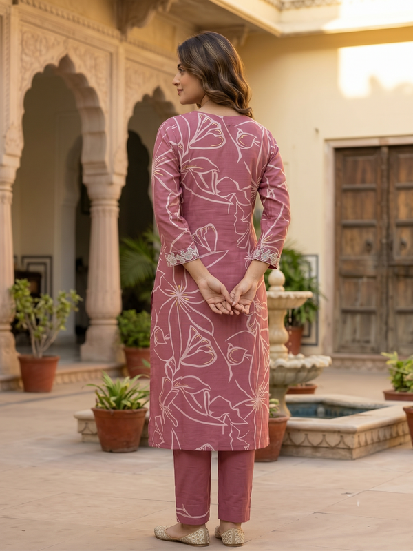 Dark Onion Printed Roman Silk Kurta with Trousers