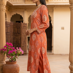 Orange Printed Roman Silk Kurta with Trousers