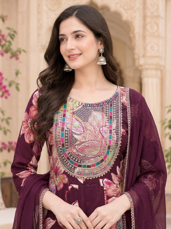 Women Floral Printed & Yoke Embroidered Anarkali Kurta Pant Set With Dupatta