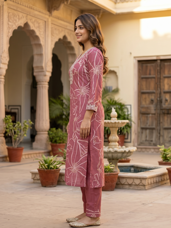 Dark Onion Printed Roman Silk Kurta with Trousers