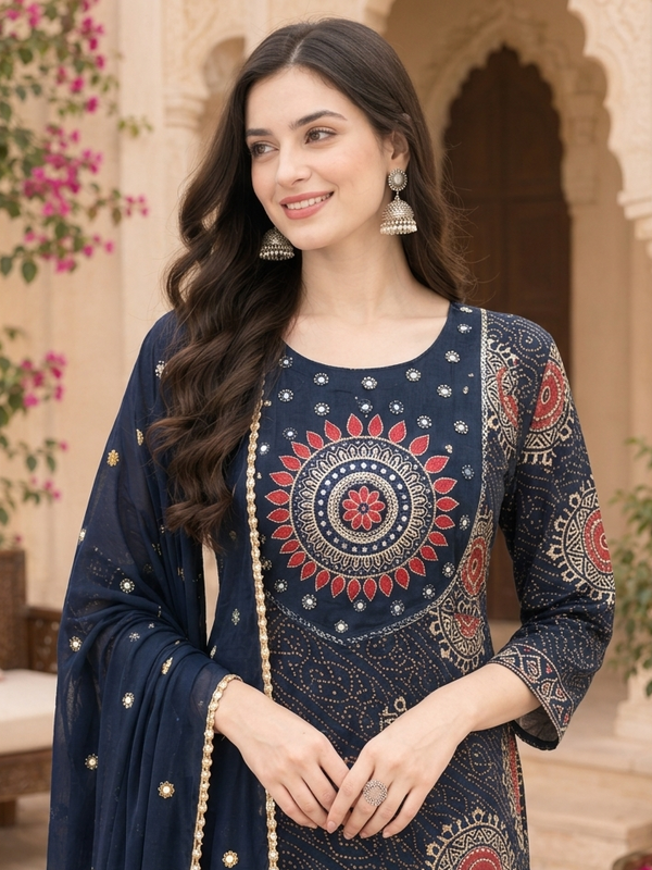 Women Floral Printed & Yoke Embroidered Anarkali Kurta Pant Set With Dupatta