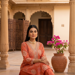 Orange Printed Roman Silk Kurta with Trousers