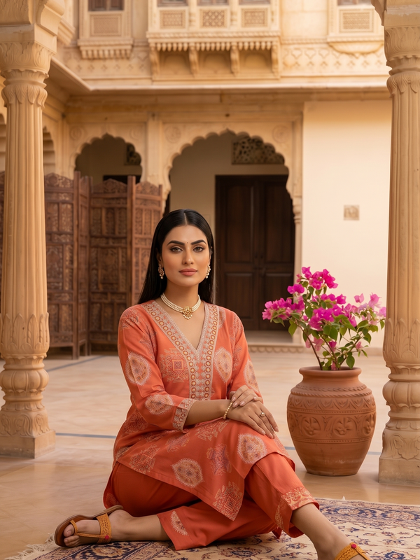 Orange Printed Roman Silk Kurta with Trousers
