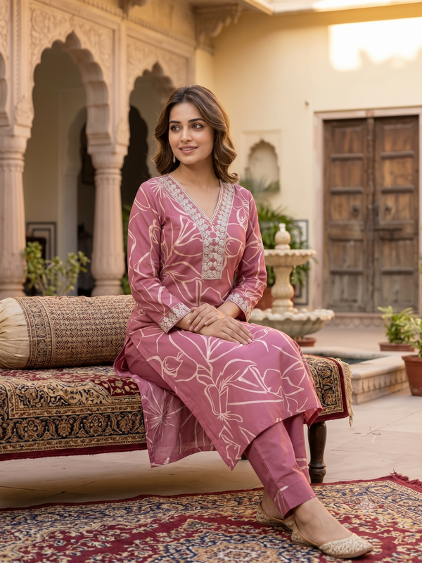 Dark Onion Printed Roman Silk Kurta with Trousers