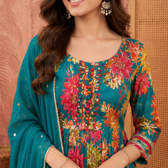 Women Floral Printed Anarkali Kurta Pant Set With Dupatta