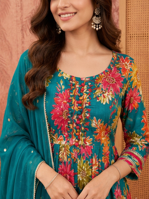 Women Floral Printed Anarkali Kurta Pant Set With Dupatta