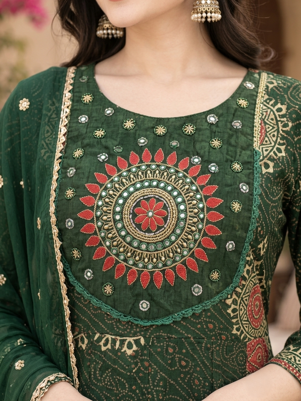 Women Floral Printed & Yoke Embroidered Anarkali Kurta Pant Set With Dupatta