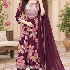 Women Floral Printed & Yoke Embroidered Anarkali Kurta Pant Set With Dupatta