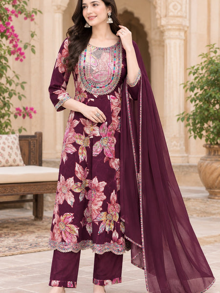 Women Floral Printed & Yoke Embroidered Anarkali Kurta Pant Set With Dupatta