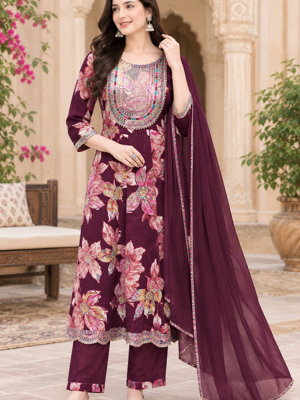 Women Floral Printed & Yoke Embroidered Anarkali Kurta Pant Set With Dupatta