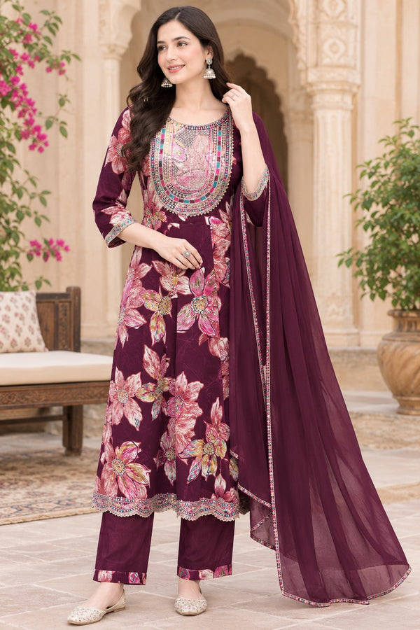 Women Floral Printed & Yoke Embroidered Anarkali Kurta Pant Set With Dupatta
