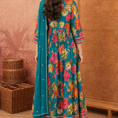 Women Floral Printed Anarkali Kurta Pant Set With Dupatta