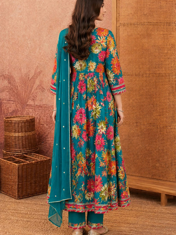 Women Floral Printed Anarkali Kurta Pant Set With Dupatta