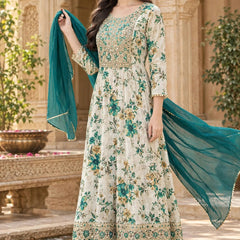 Women Floral Printed & Yoke Embroidered Anarkali Kurta Pant Set With Dupatta