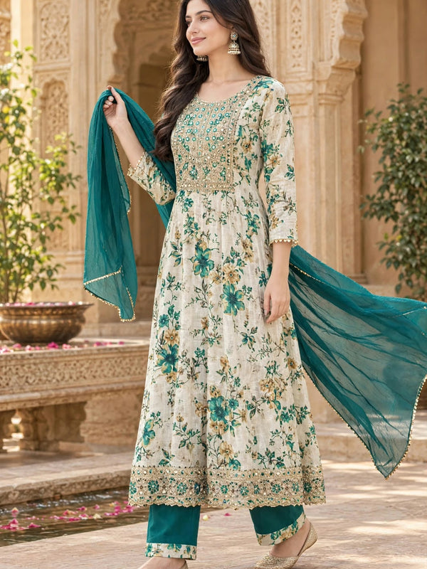 Women Floral Printed & Yoke Embroidered Anarkali Kurta Pant Set With Dupatta