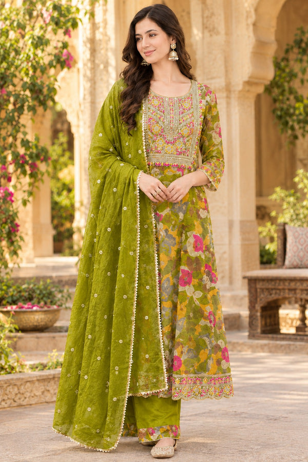 Women Floral Printed & Yoke Embroidered Anarkali Kurta Pant Set With Dupatta