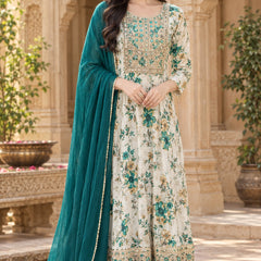 Women Floral Printed & Yoke Embroidered Anarkali Kurta Pant Set With Dupatta
