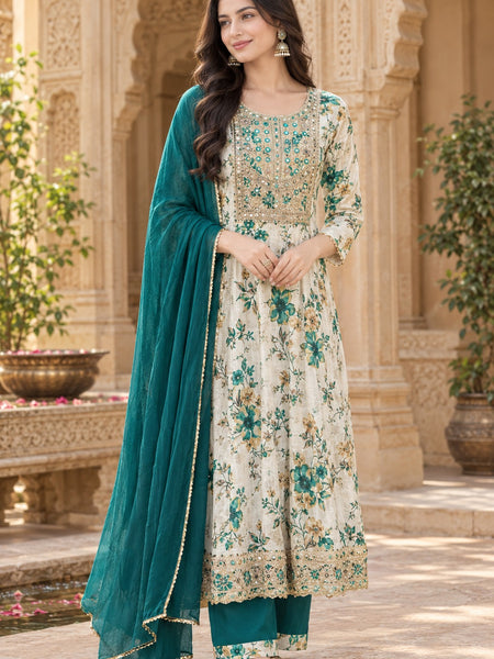 Women Floral Printed & Yoke Embroidered Anarkali Kurta Pant Set With Dupatta