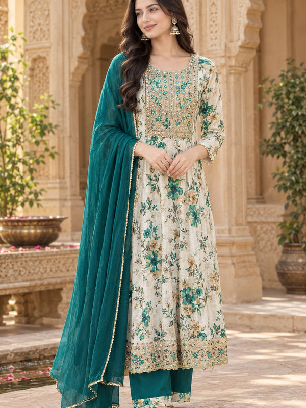 Women Floral Printed & Yoke Embroidered Anarkali Kurta Pant Set With Dupatta