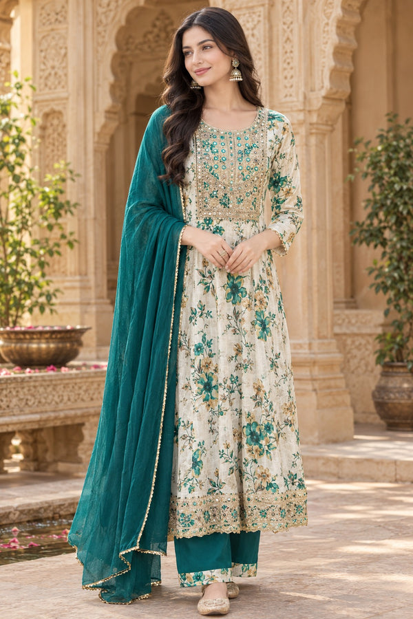 Women Floral Printed & Yoke Embroidered Anarkali Kurta Pant Set With Dupatta