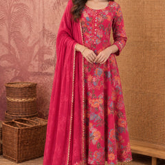 Women Floral Printed Anarkali Kurta Pant Set With Dupatta