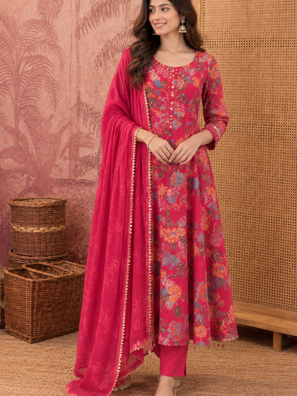 Women Floral Printed Anarkali Kurta Pant Set With Dupatta