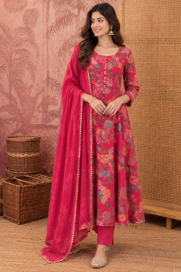 Women Floral Printed Anarkali Kurta Pant Set With Dupatta