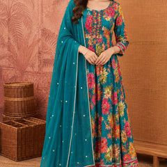 Women Floral Printed Anarkali Kurta Pant Set With Dupatta