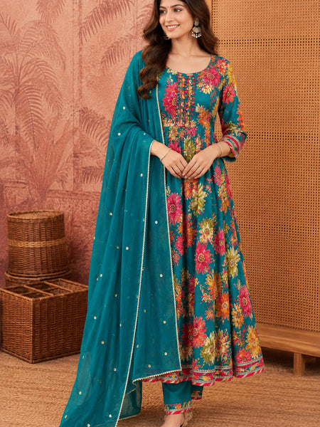 Women Floral Printed Anarkali Kurta Pant Set With Dupatta