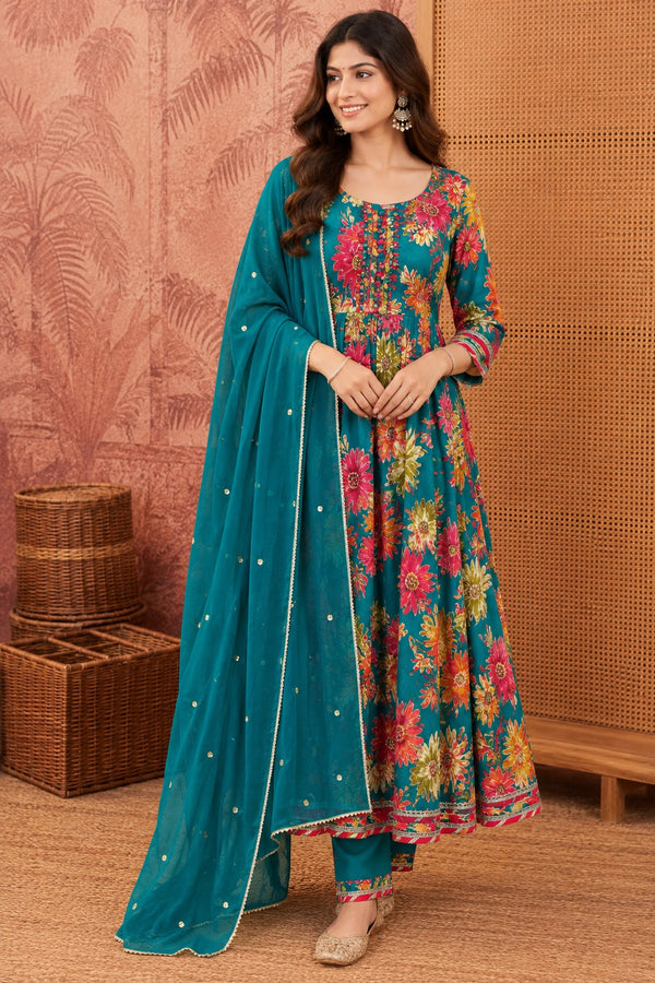 Women Floral Printed Anarkali Kurta Pant Set With Dupatta