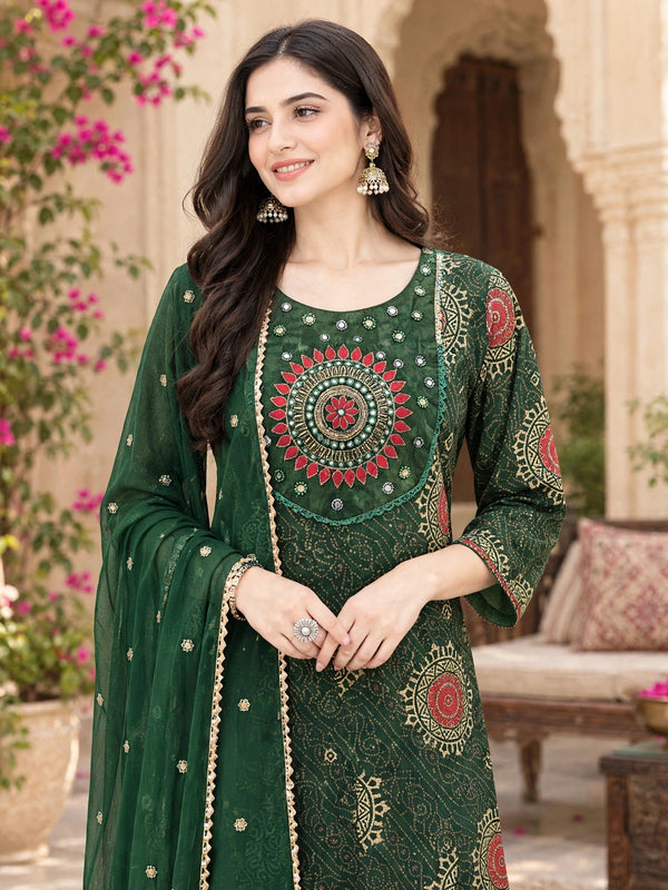 Women Floral Printed & Yoke Embroidered Anarkali Kurta Pant Set With Dupatta