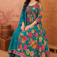 Women Floral Printed Anarkali Kurta Pant Set With Dupatta