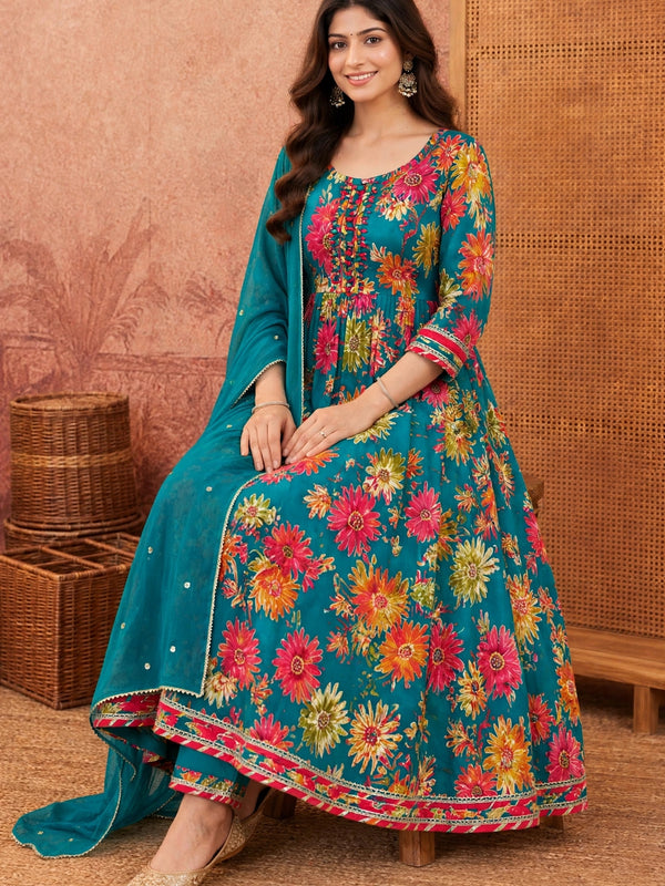 Women Floral Printed Anarkali Kurta Pant Set With Dupatta