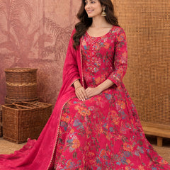 Women Floral Printed Anarkali Kurta Pant Set With Dupatta