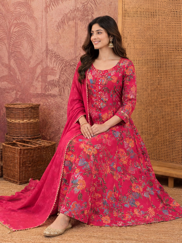 Women Floral Printed Anarkali Kurta Pant Set With Dupatta
