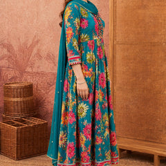 Women Floral Printed Anarkali Kurta Pant Set With Dupatta