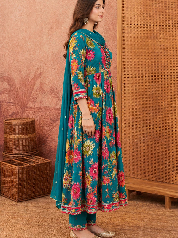 Women Floral Printed Anarkali Kurta Pant Set With Dupatta