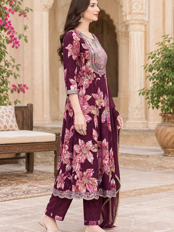 Women Floral Printed & Yoke Embroidered Anarkali Kurta Pant Set With Dupatta